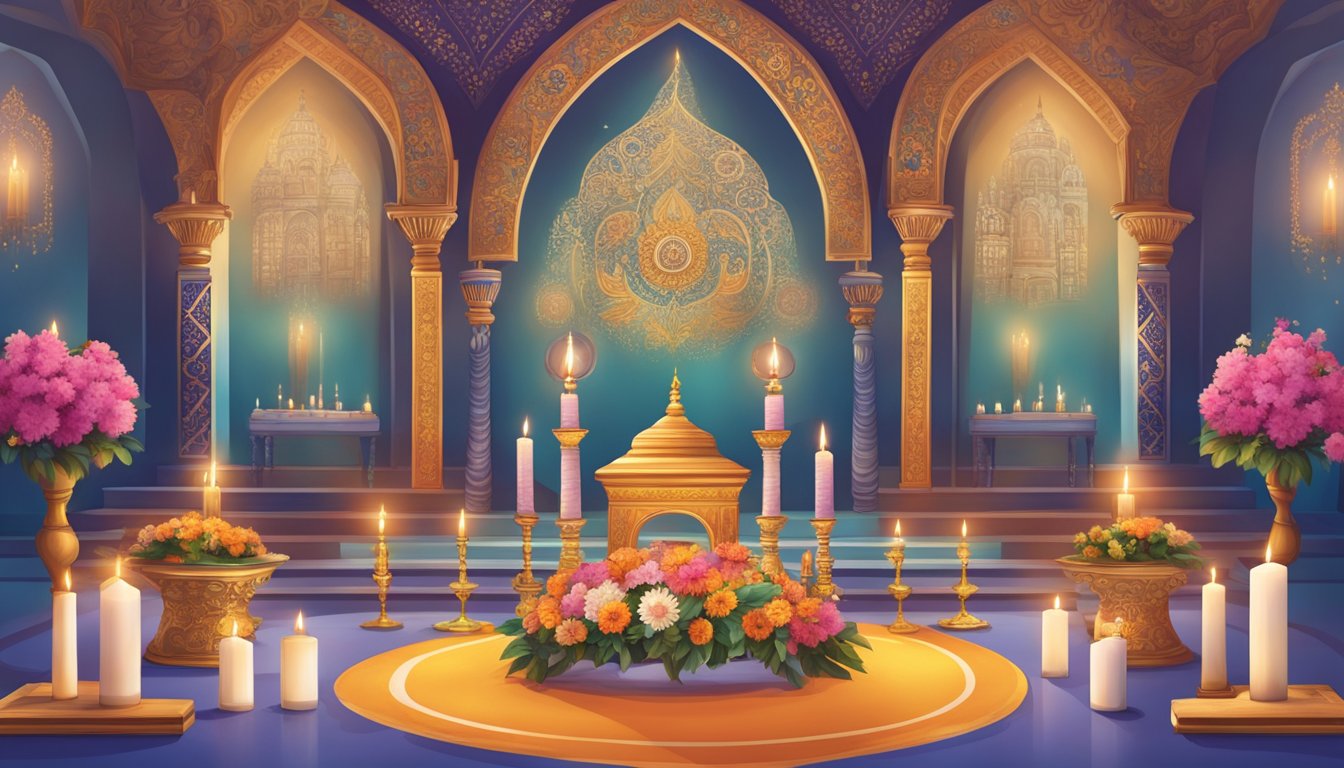 A colorful array of flowers and candles surround a ceremonial altar, adorned with traditional Sikh symbols and religious artifacts