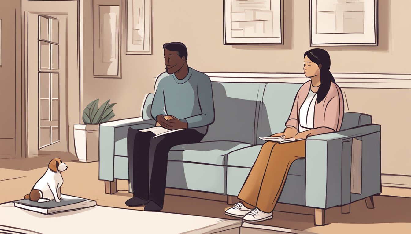 A grief counselor sitting with a client, offering a comforting presence and listening ear. A tissue box and a soft, warm lighting create a safe and supportive environment