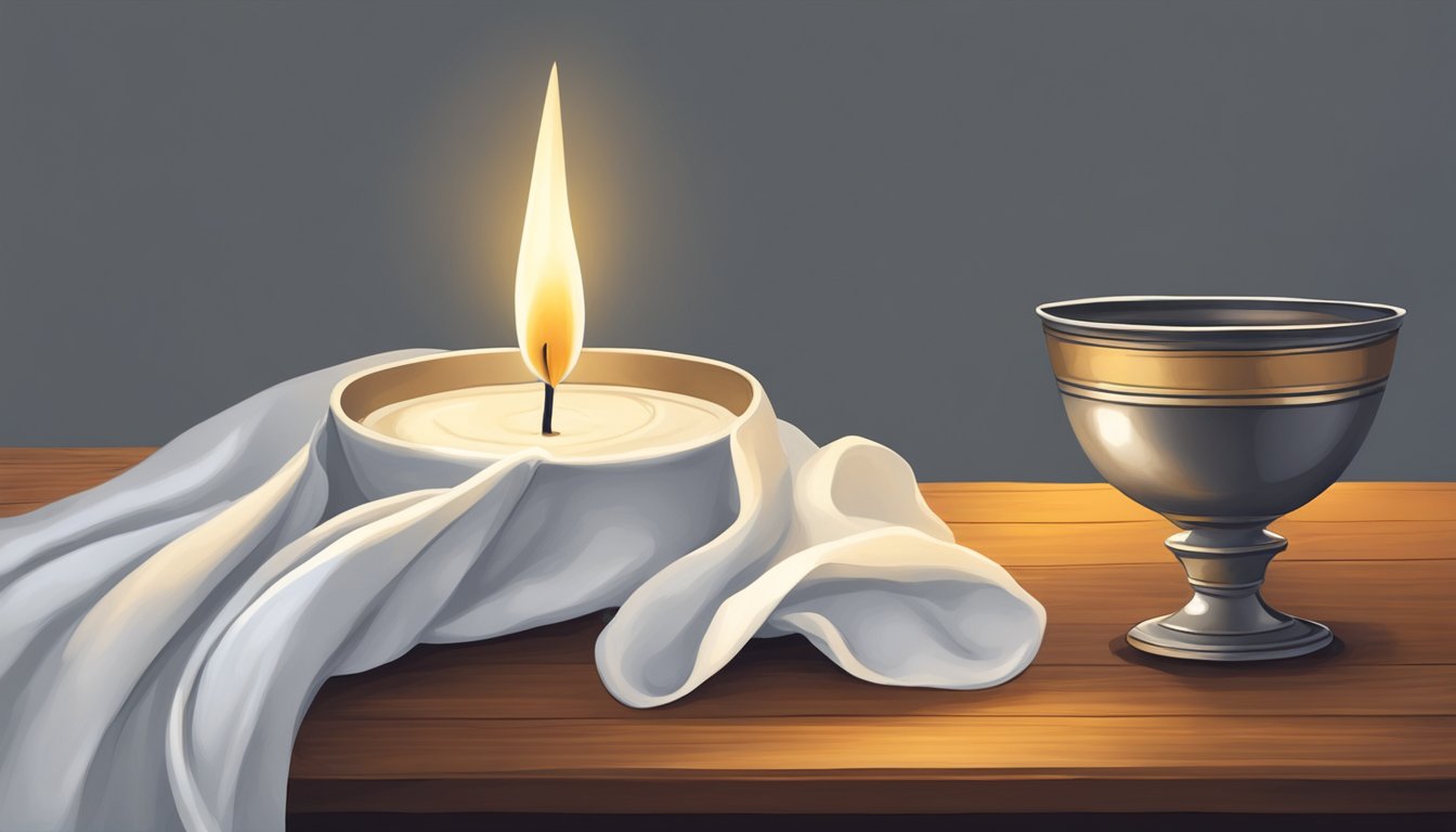 A simple white cloth draped over a wooden table with a lit candle and a small bowl of water, representing Sikh mourning practices