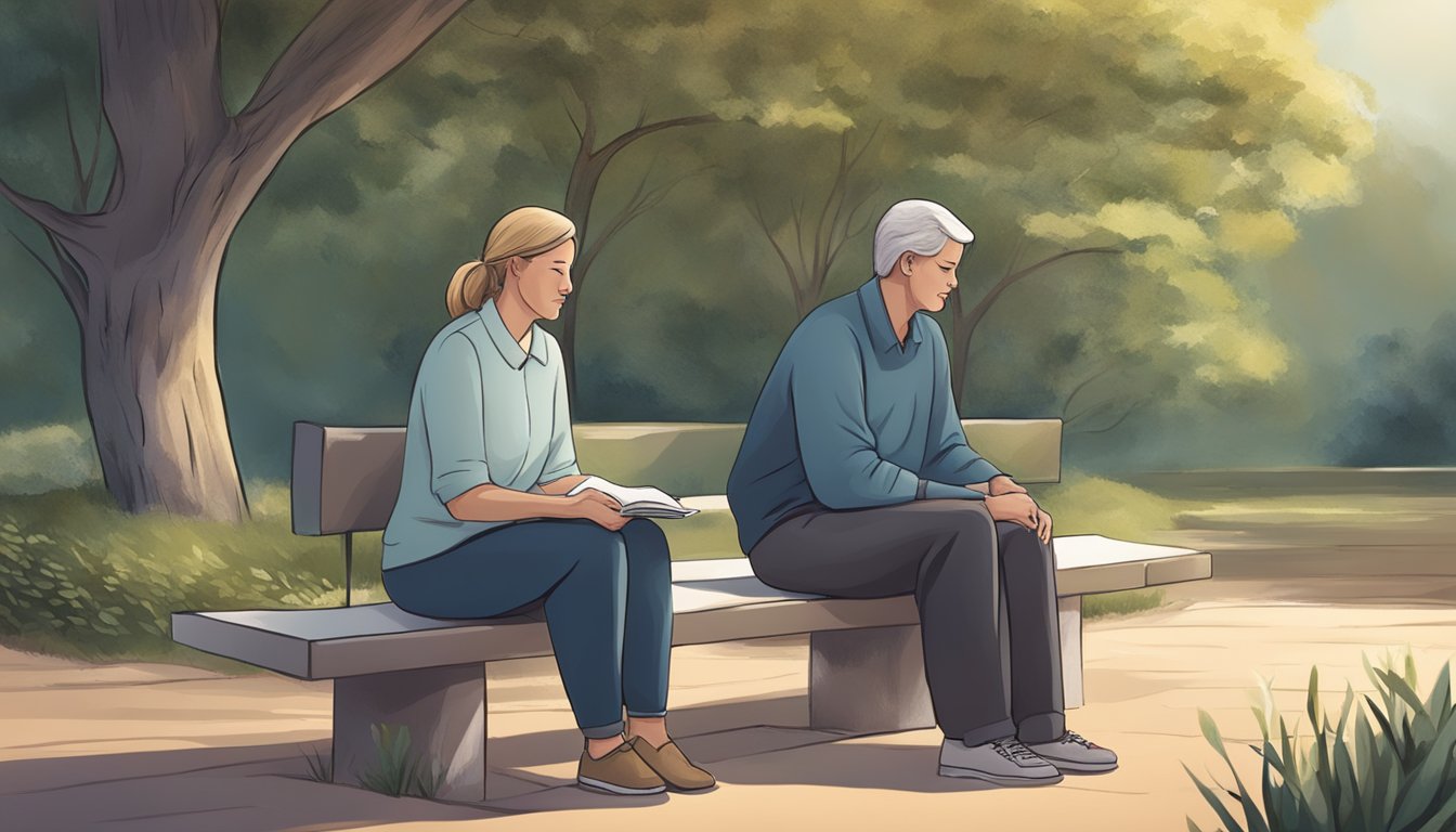 A grief counselor sitting with a person, offering support and comfort in a peaceful and serene setting