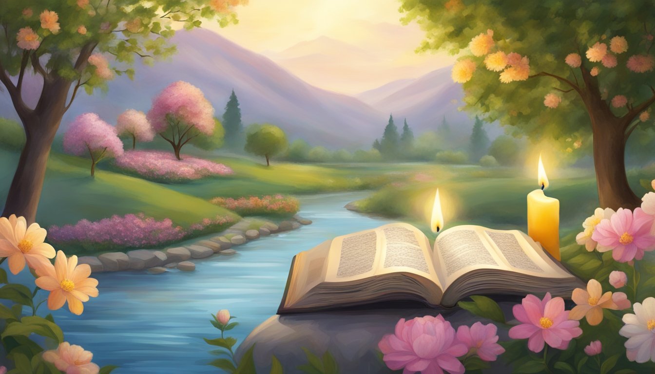 A serene garden with a blooming tree, where a candle burns beside a book of Sikh scriptures, surrounded by flowers and a flowing river