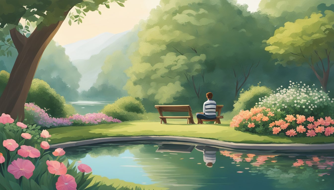 A person sitting in a peaceful garden, surrounded by lush greenery and flowers, with a clear path leading to a serene pond. The person appears deep in thought, contemplating their choices while mourning