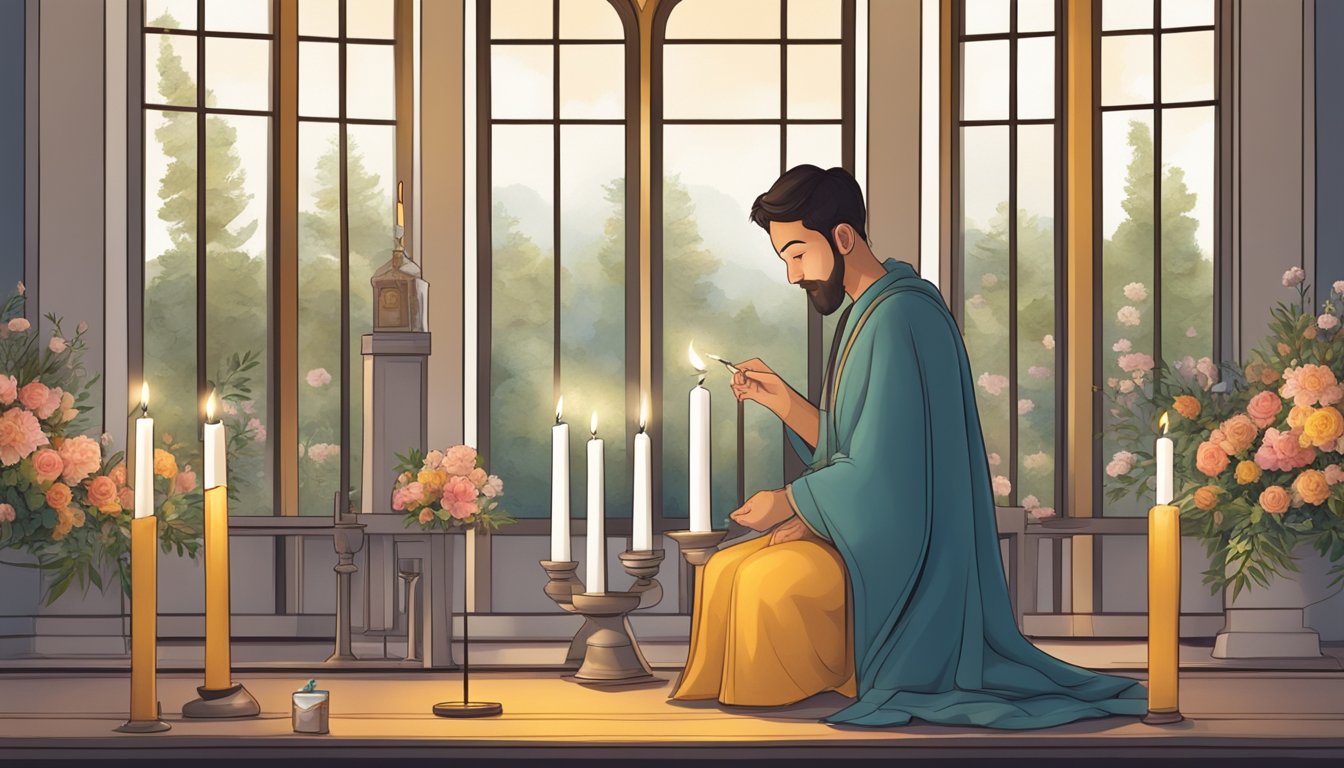 A solitary figure lighting a candle at a simple altar adorned with flowers and mementos, surrounded by a peaceful, quiet atmosphere