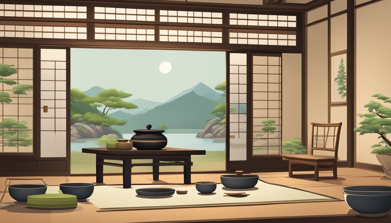 A Japanese tea ceremony with traditional utensils and serene surroundings