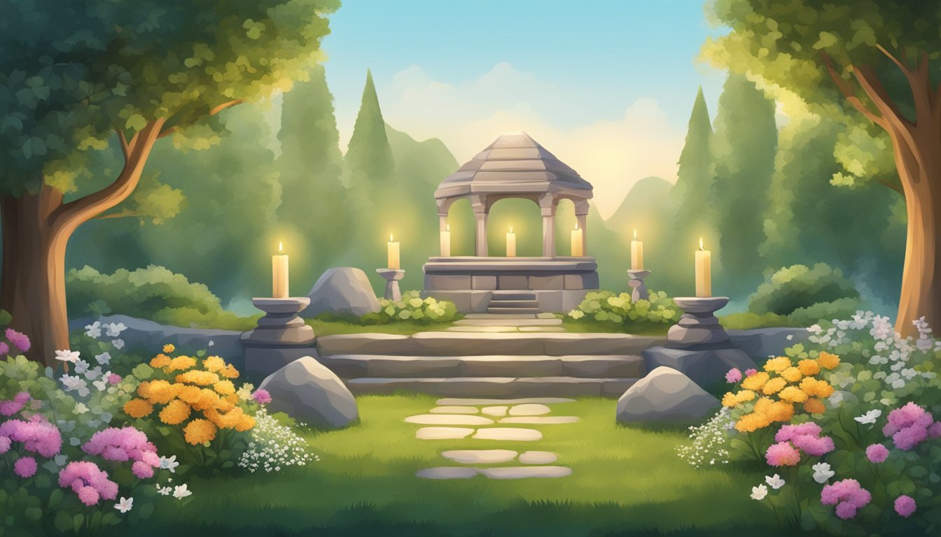 A serene garden with a small stone altar adorned with candles and flowers, surrounded by symbols of nature and tranquility