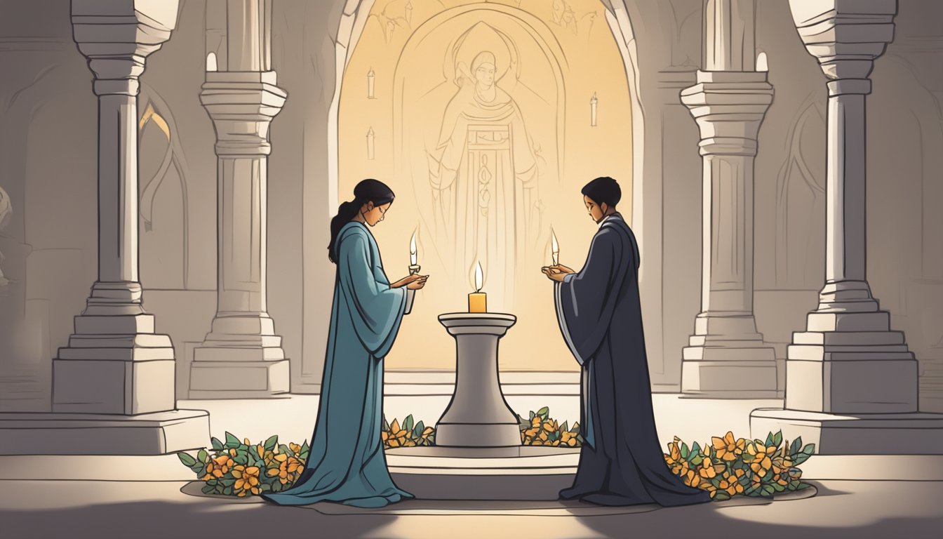 A solitary figure lighting a candle at a serene altar, surrounded by symbols of remembrance and growth