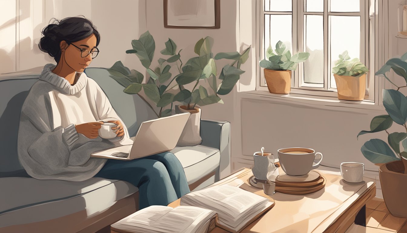 A person sitting alone by a window, surrounded by comforting objects like a cozy blanket, a cup of tea, and a journal. The room is filled with soft, natural light