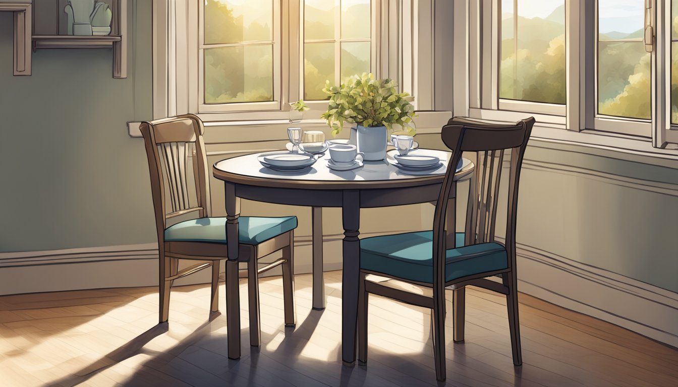 A dining table set for two, with one chair empty. A single place setting with a half-eaten meal, and the other untouched. Sunlight filters through the window, casting a somber mood