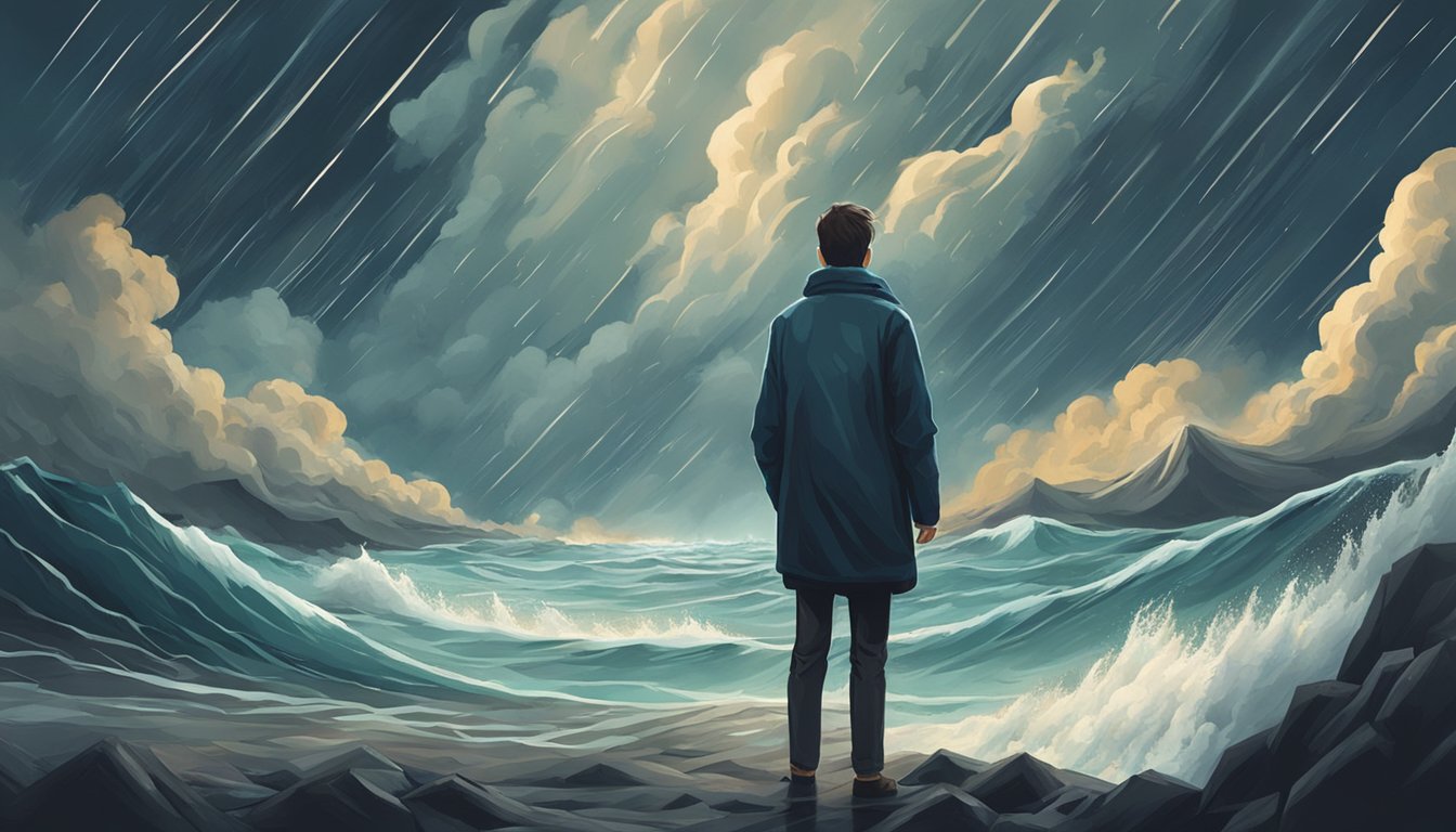 A person standing in a storm, with one side of the scene being calm and peaceful, while the other side is chaotic and turbulent