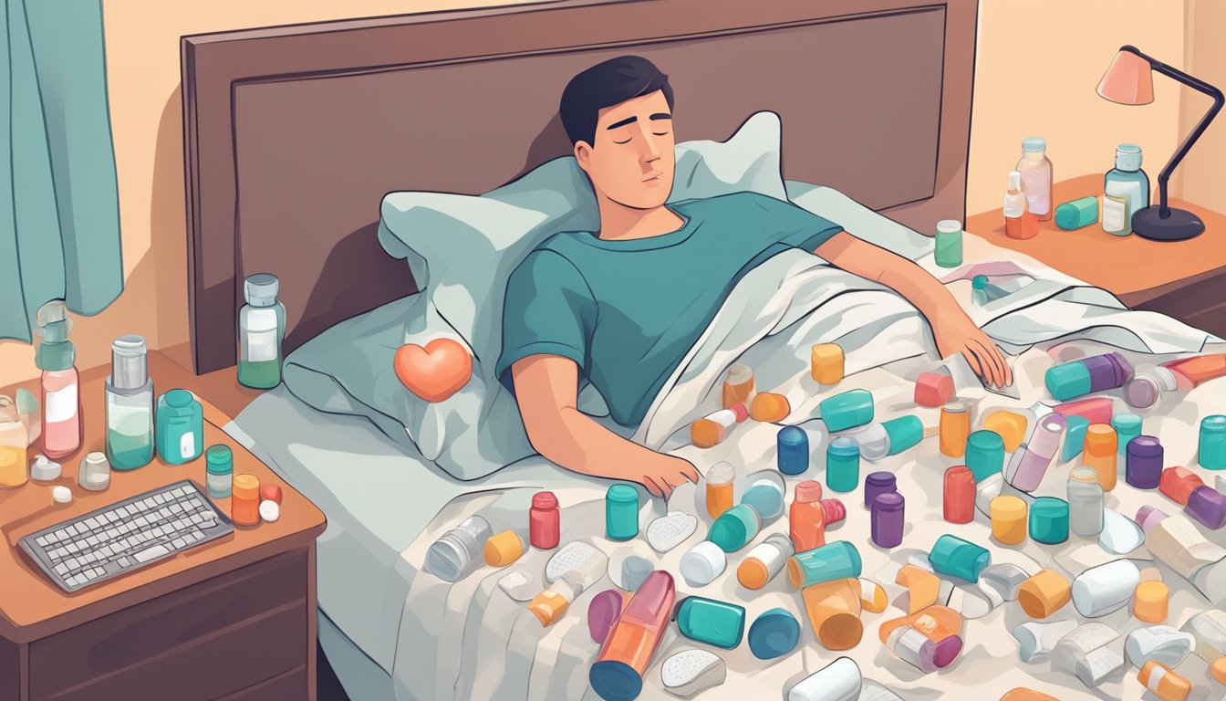 A person lying in bed, surrounded by tissues and medication bottles. A heavy heart and aching body are depicted through the use of a thermometer and a heart rate monitor