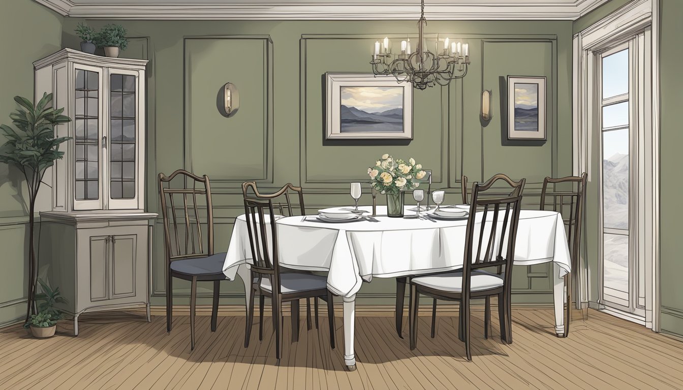 A dining table set for two, with one chair empty and a single place setting, a somber atmosphere with a sense of loss