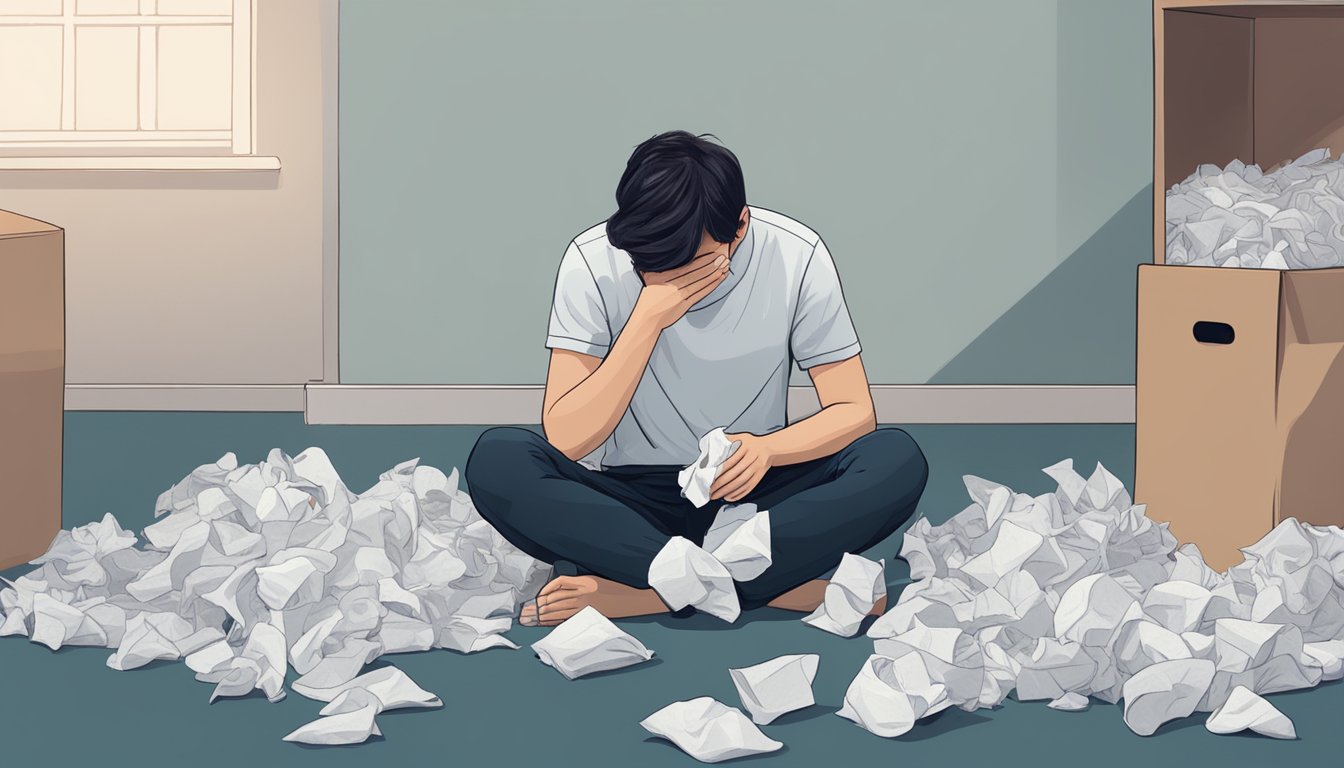 A person sitting alone in a dimly lit room, hunched over with their head in their hands, surrounded by discarded tissues and an empty tissue box