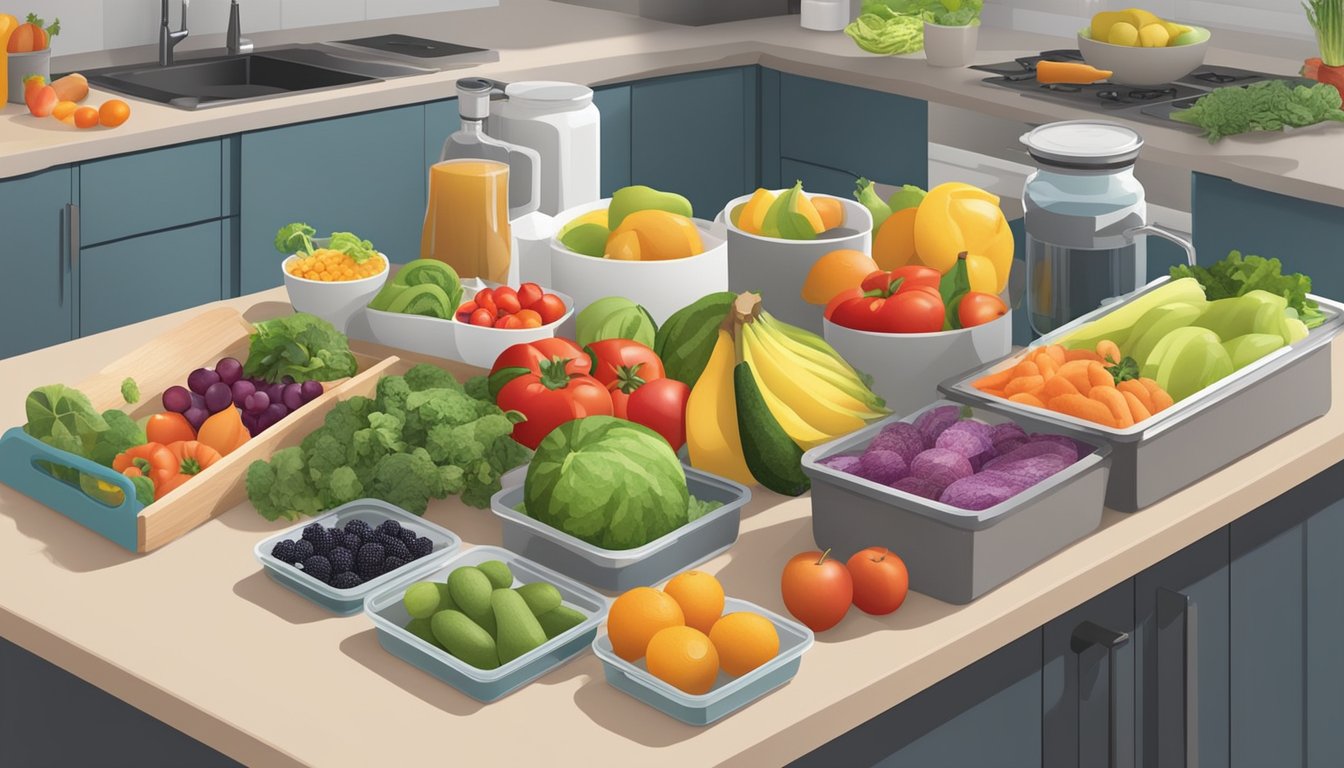 A kitchen counter with a variety of fresh fruits, vegetables, and lean proteins laid out for meal prepping. Cutting boards, knives, and storage containers are also present