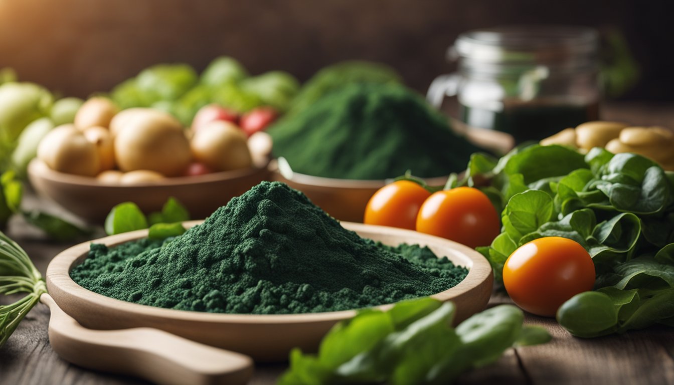 Spirulina powder in a bowl, surrounded by fresh produce, showcasing its nutrient-rich composition