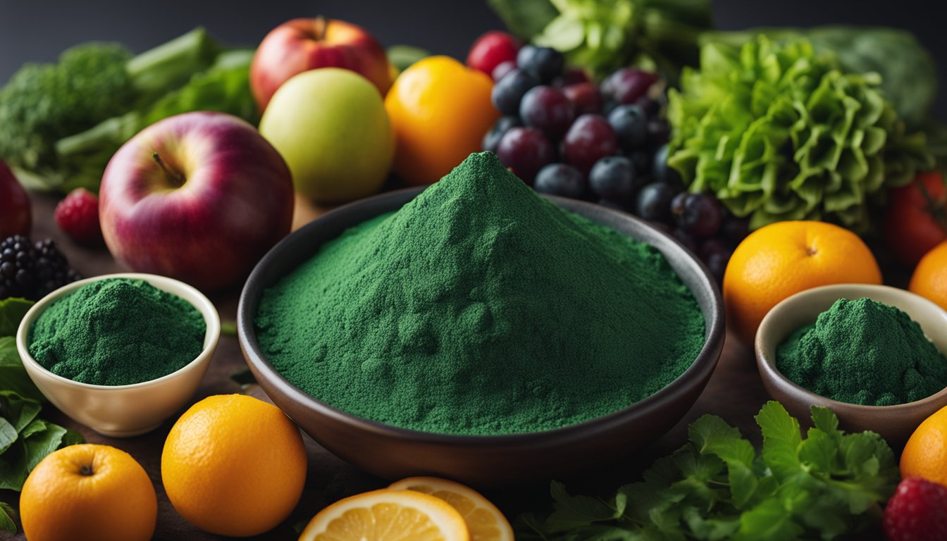 A bowl of spirulina powder sits amid vibrant fruits and vegetables, showcasing its nutrient-rich composition