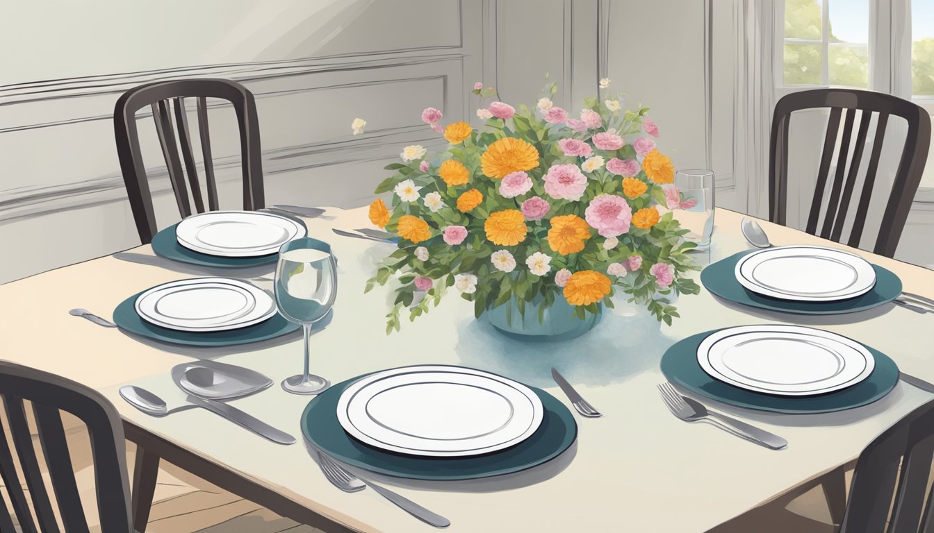 A dining table set for two, with one chair empty. A single place setting with a vase of fresh flowers, symbolizing loss and the struggle to establish healthy boundaries