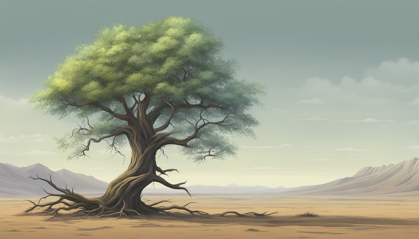 A withered tree standing alone in a vast, desolate landscape, with one side of its branches lush and green, and the other side barren and lifeless