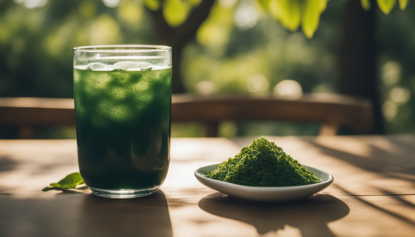 Sunlight filters through trees onto a table with spirulina drink, herbs, and leaves, creating a serene outdoor setting