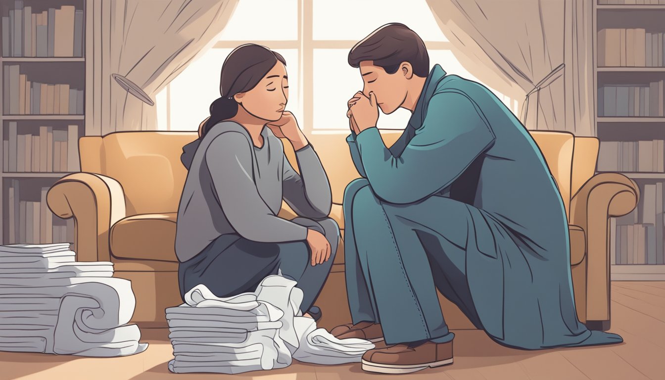 A person sitting with a grieving spouse, offering a comforting presence and listening ear, while holding tissues nearby