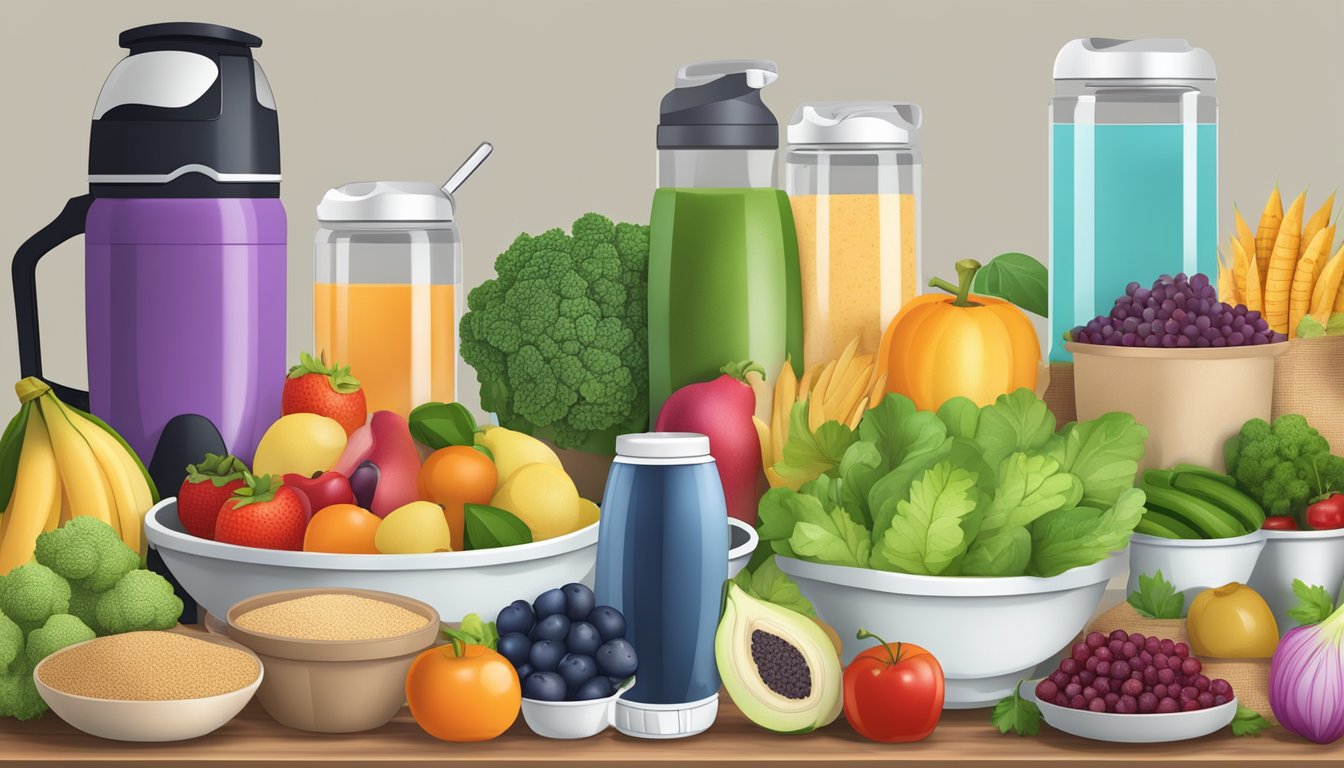 A table with a variety of fresh fruits, vegetables, whole grains, and lean proteins. A blender and water bottles nearby