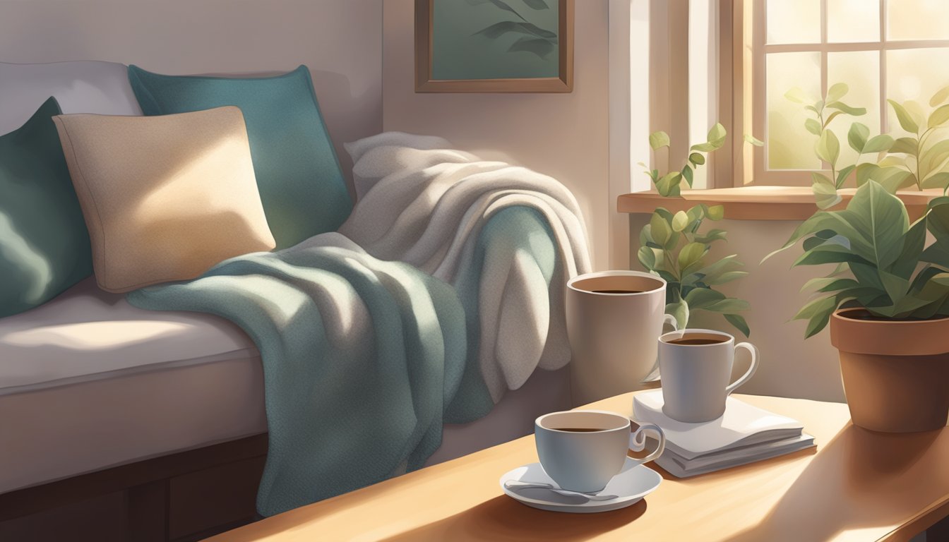 A serene and comforting environment with soft lighting, a cozy blanket, and a warm cup of tea placed on a side table