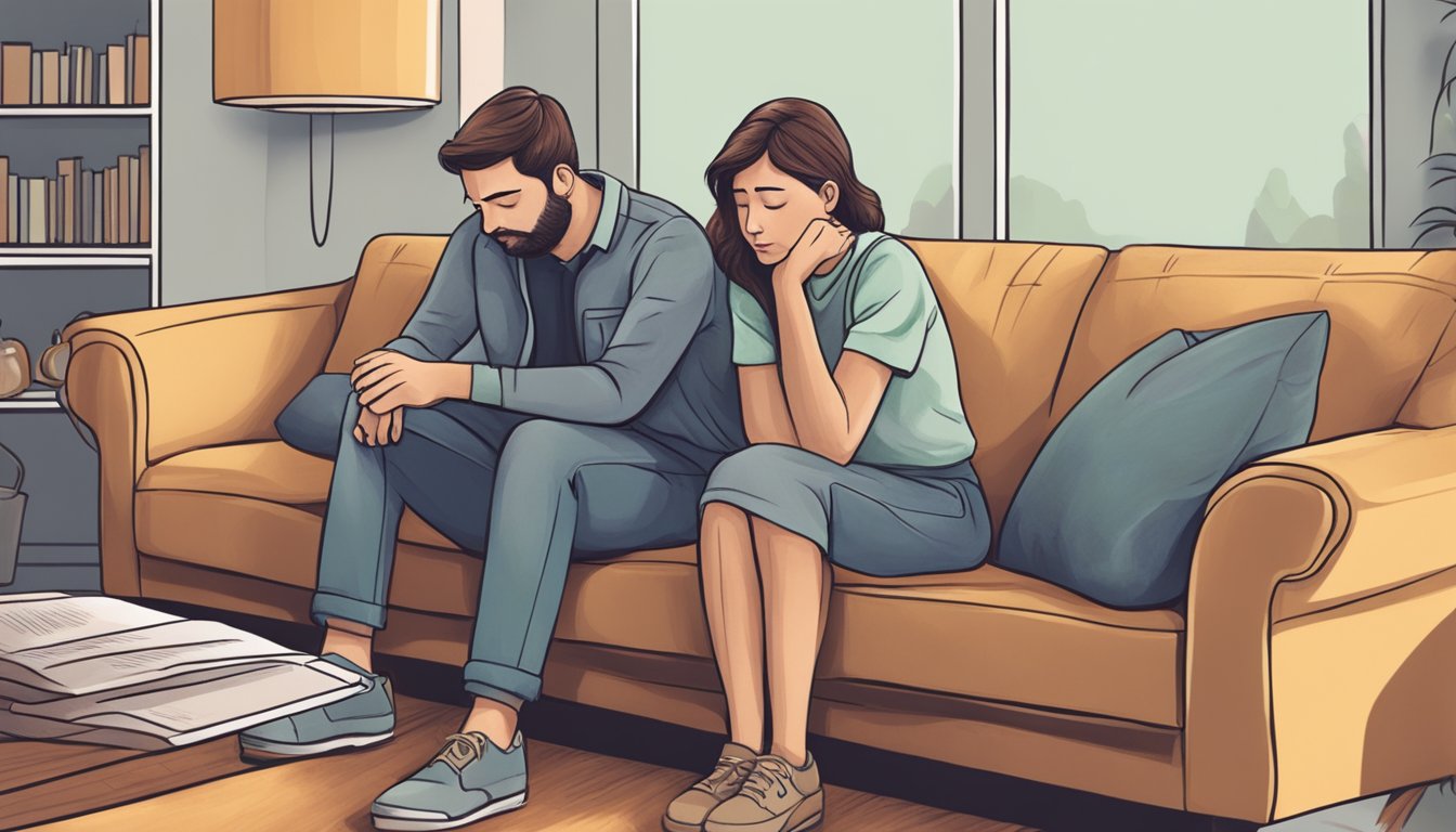 A person sitting on a couch, comforting a grieving spouse with a hand on their shoulder, while the spouse is visibly upset and leaning into the support