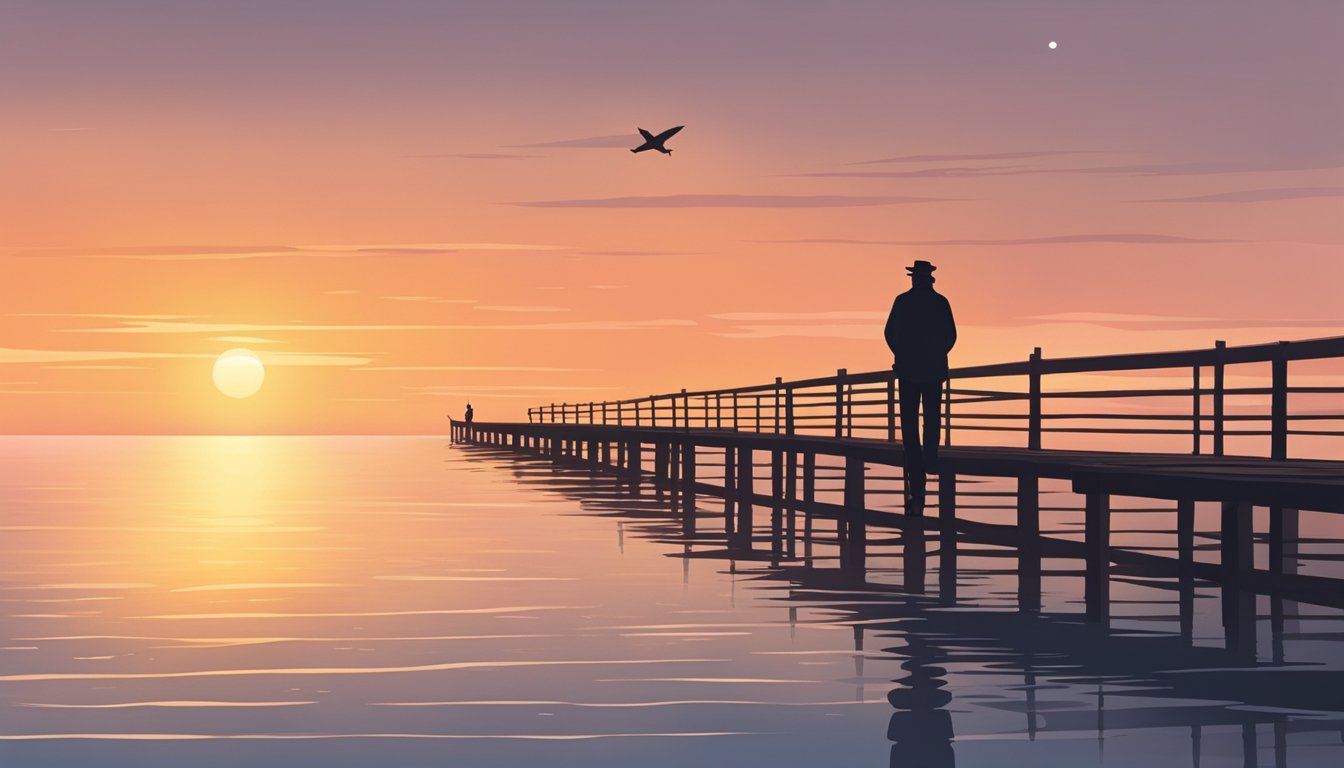 A lone figure standing on a deserted pier, watching as a boat fades into the distance, the sunset casting a melancholy glow over the scene