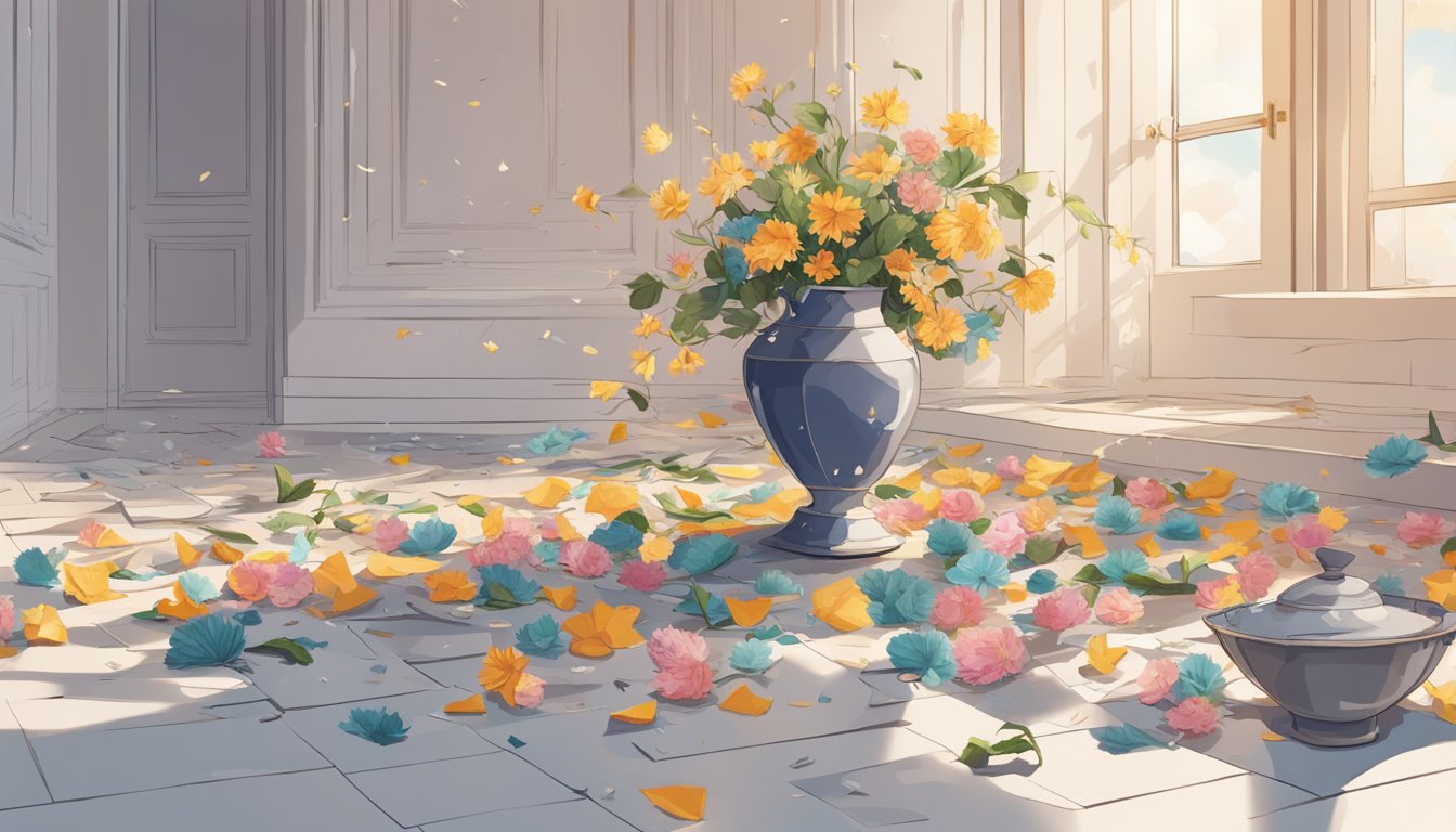 A shattered vase lies in pieces on the floor, surrounded by scattered flowers and a spilled cup of tea. The room is still, with a sense of disbelief hanging in the air