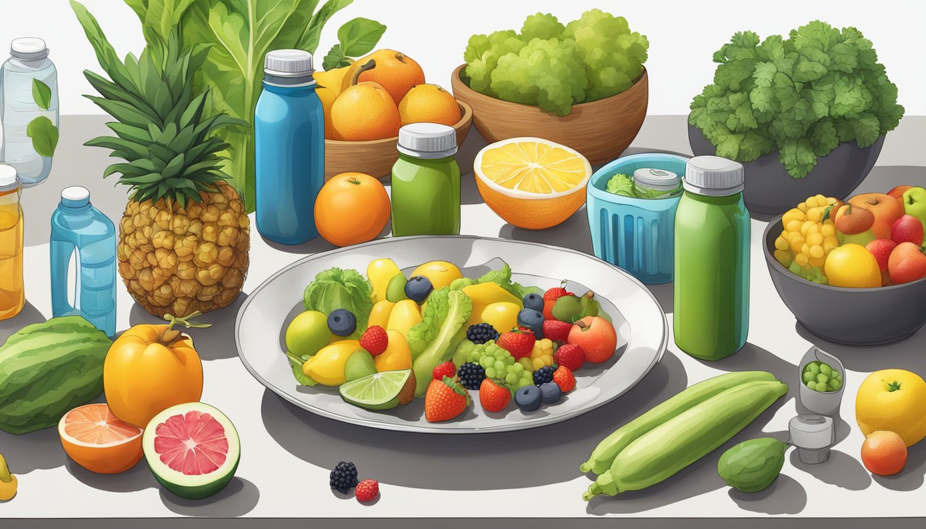 A table with colorful fruits, vegetables, and supplements arranged next to water bottles and hydration packs