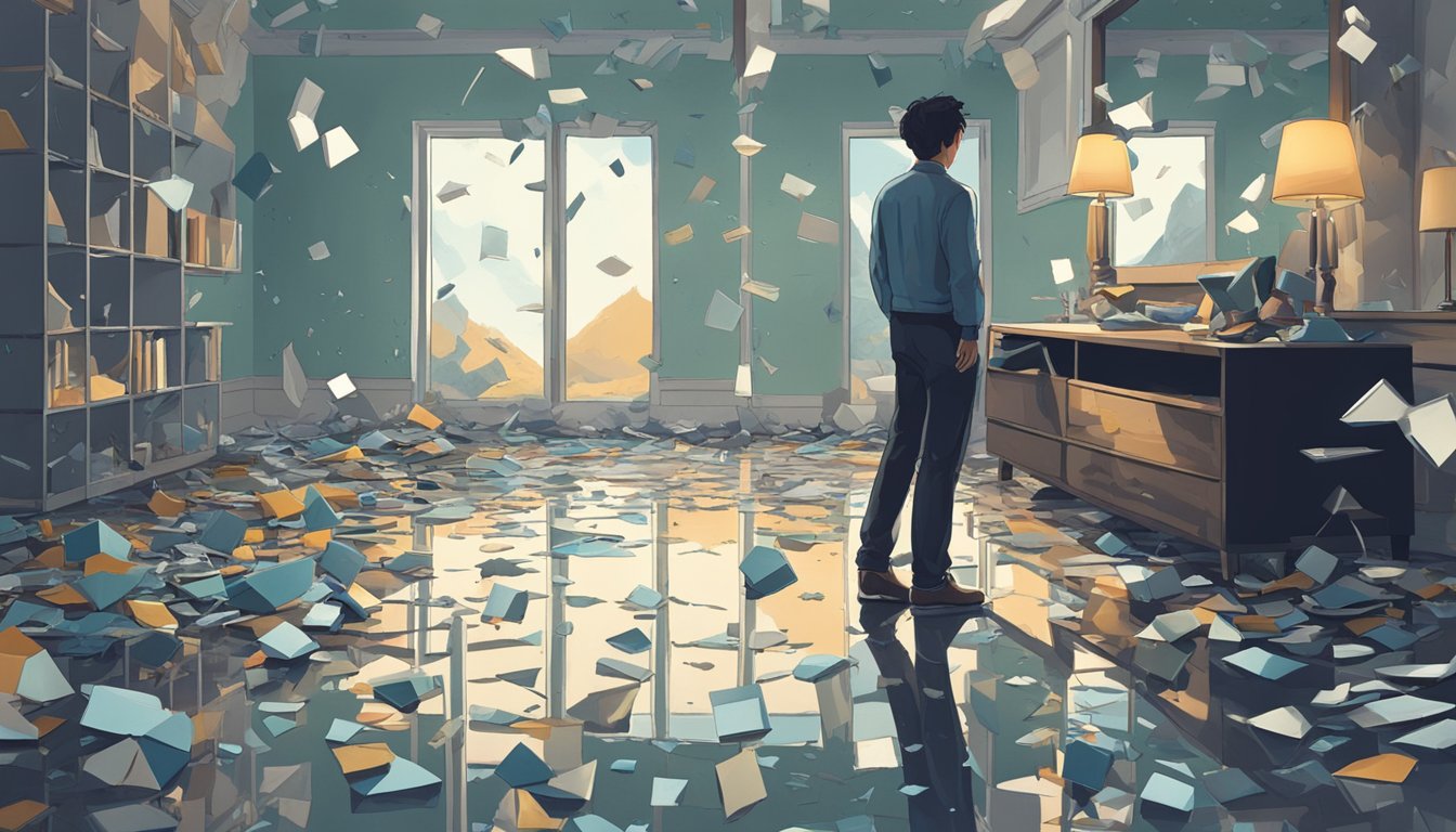 A person standing in front of a shattered mirror, staring blankly at their reflection. The room is filled with scattered objects and the atmosphere is heavy with a sense of disbelief