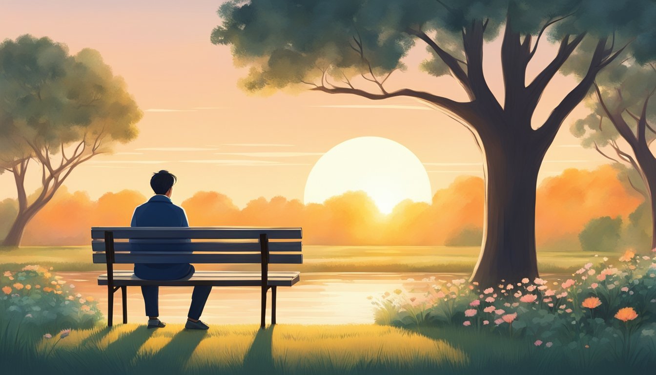 A solitary figure sits on a bench in a peaceful garden, gazing at a setting sun with a pensive expression. A sense of longing and regret is palpable in the air