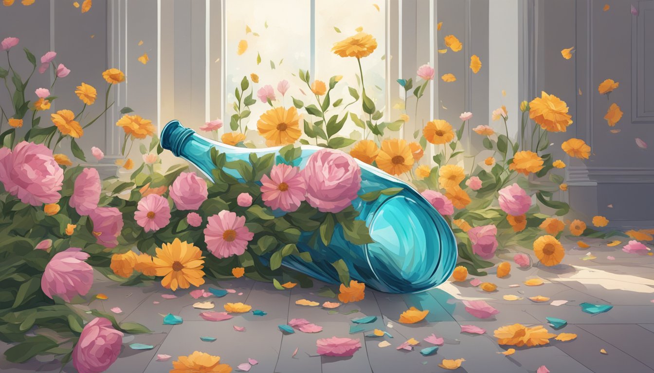 A shattered vase lying on the floor, surrounded by scattered flowers and a look of disbelief on the faces of onlookers