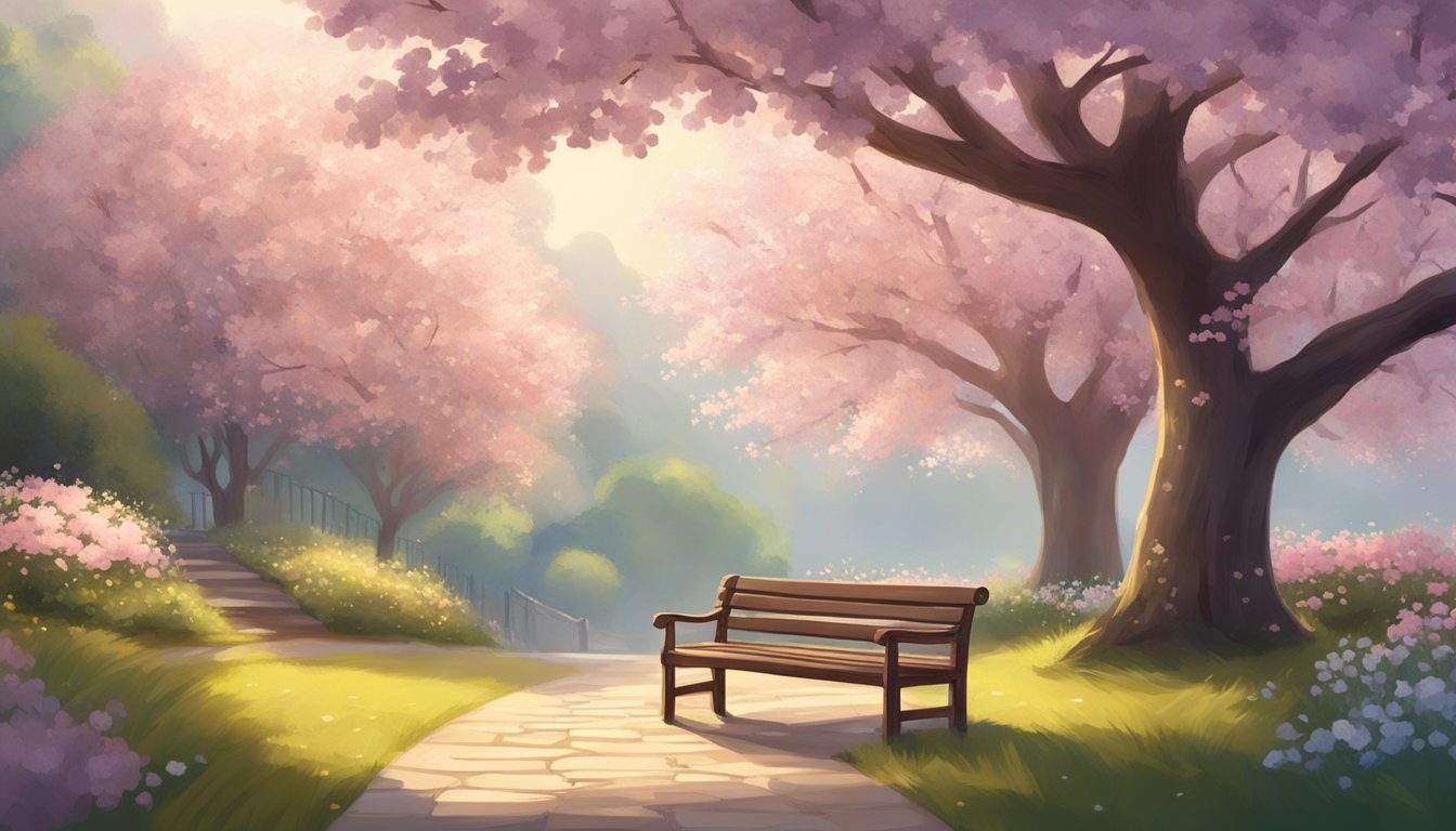 A serene garden with a bench under a blossoming tree, with a gentle breeze and a warm, comforting atmosphere