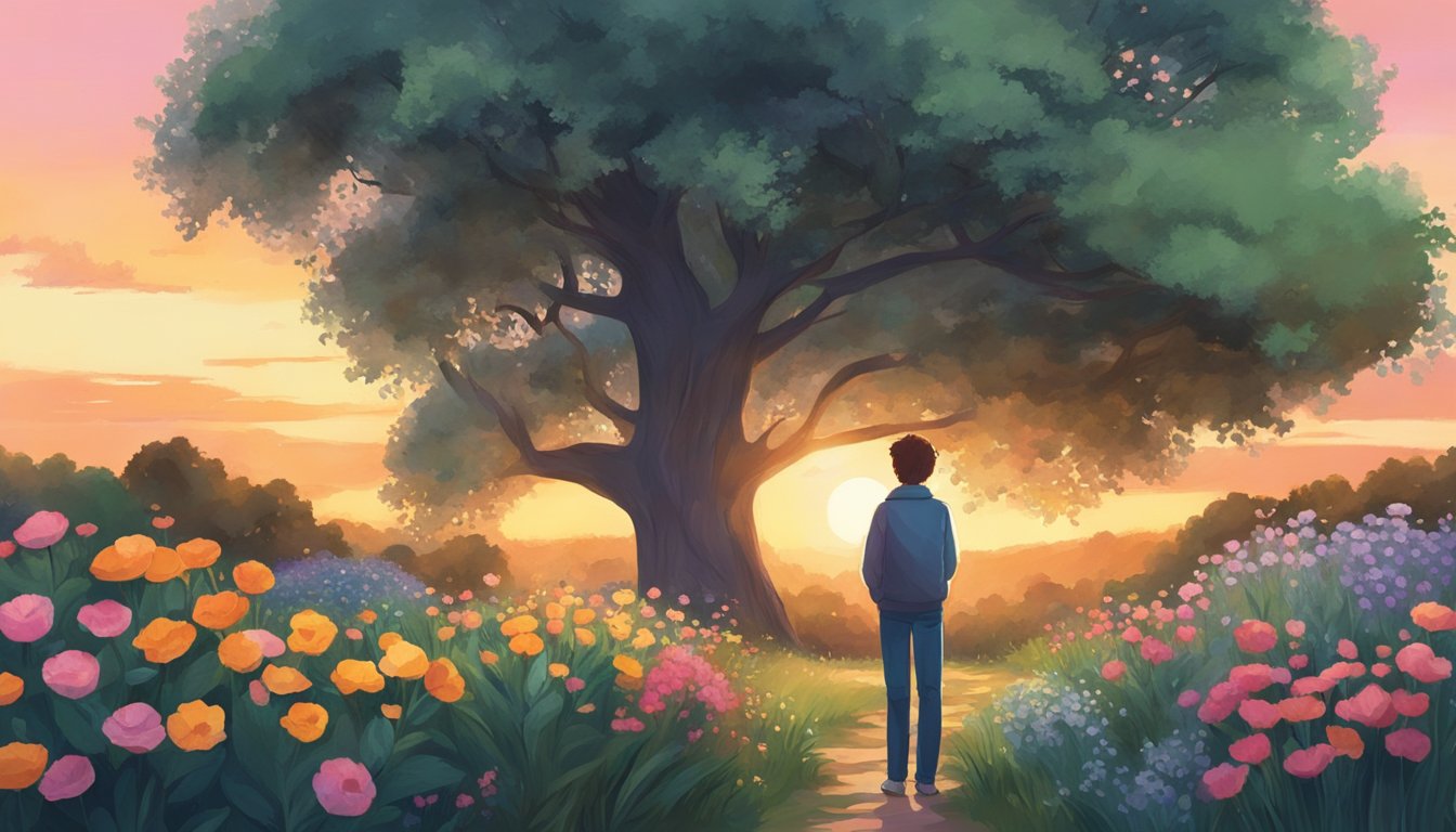 A person standing alone in a peaceful garden, surrounded by flowers and trees, looking at a sunset with a sense of longing and regret