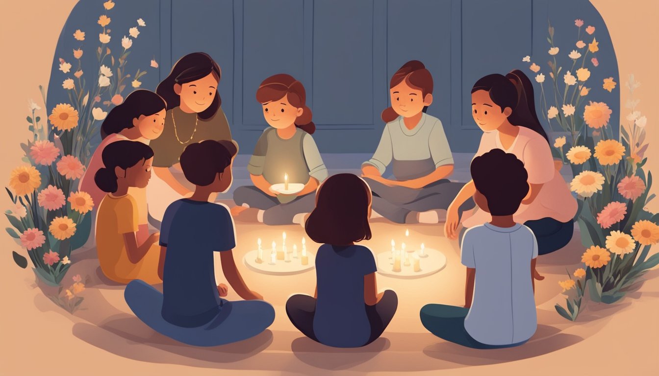 A group of children sit in a circle, surrounded by flowers and candles. A counselor holds a picture of a loved one as they gently explain the concept of death