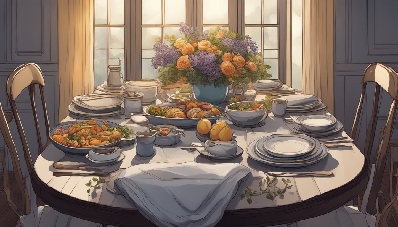 A dining table with an empty chair, surrounded by untouched plates of food and wilted flowers in a dimly lit room