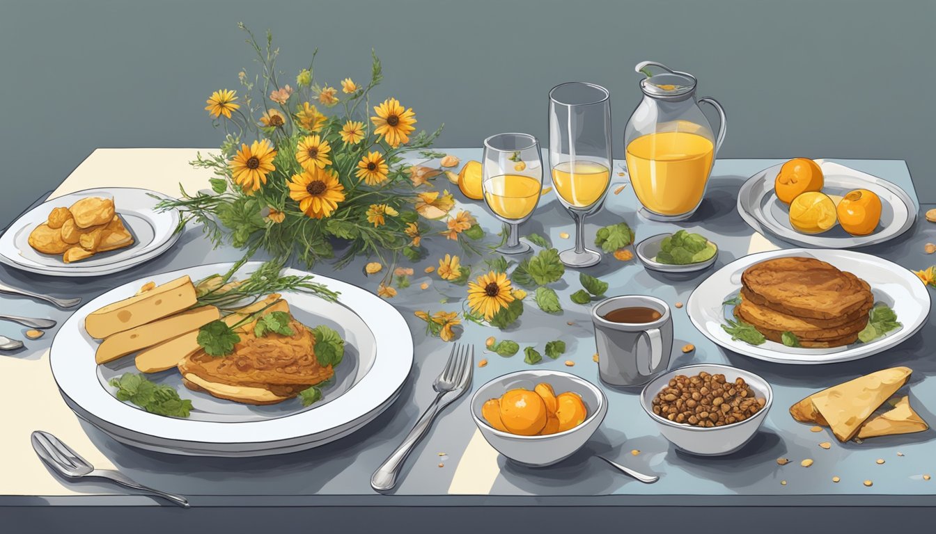 A table set for one, with untouched food and wilted flowers, symbolizing loss and changes in appetite