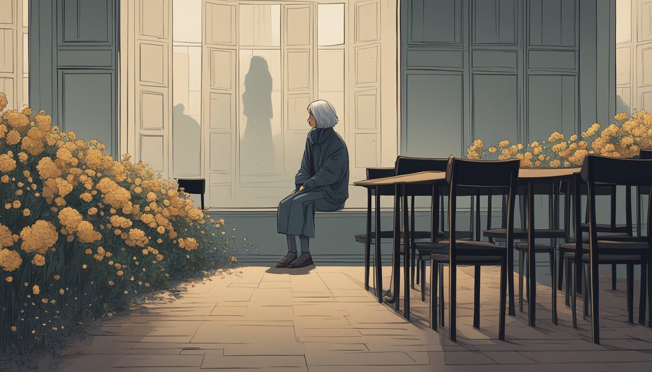 A figure sits alone in a dimly lit room, surrounded by wilting flowers and empty chairs. The silence is heavy, wrapping around them like a suffocating blanket