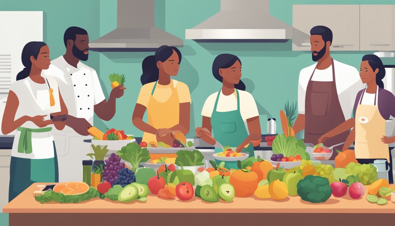 A group of health professionals discussing meal prep for a DASH diet, surrounded by colorful fruits, vegetables, and cooking utensils