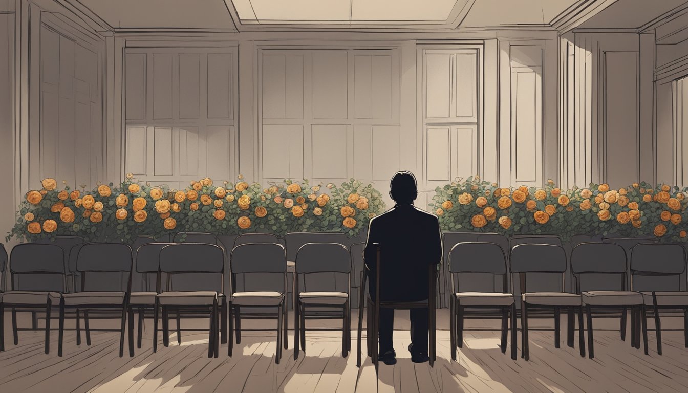 A lone figure sits in a dimly lit room, surrounded by empty chairs and wilting flowers. The silence is palpable, as the figure grapples with the absence of well-wishers after the funeral