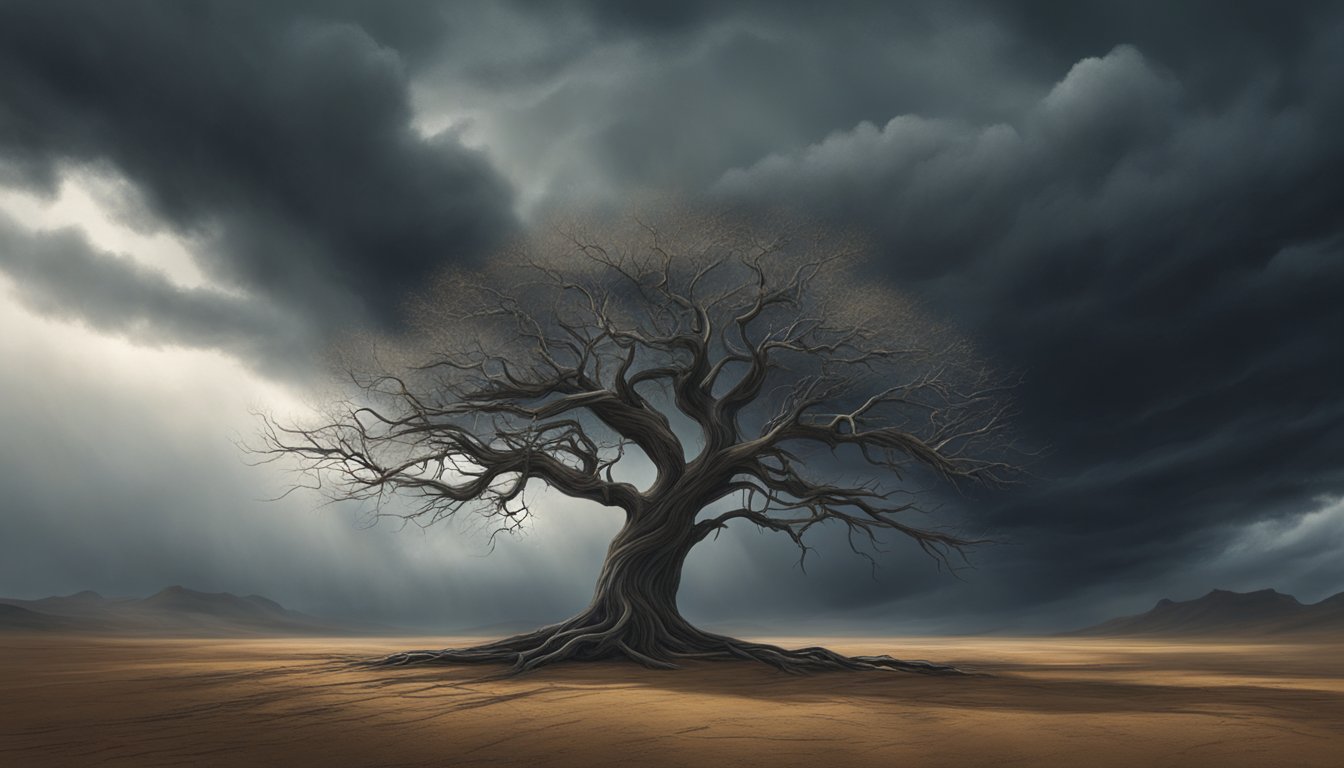 A lone tree stands in a barren landscape, its branches twisted and reaching towards the sky. Dark storm clouds loom overhead, casting a shadow over the scene