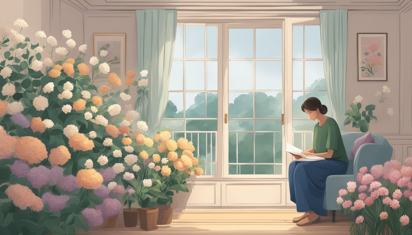 A person sitting alone in a quiet room surrounded by flowers and sympathy cards, staring out the window with a distant look on their face