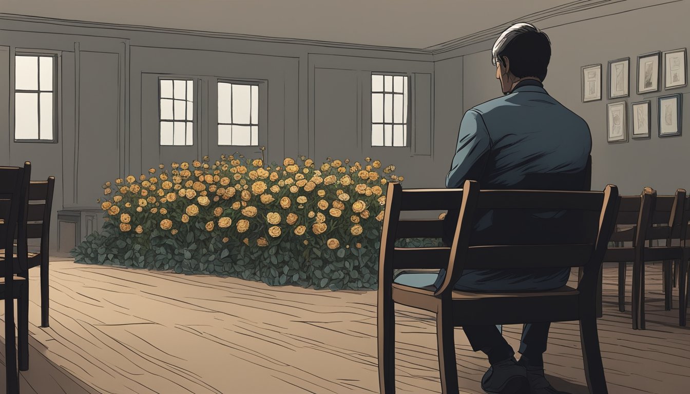 A lone figure sits in a dimly lit room, surrounded by wilting flowers and empty chairs. The weight of grief is palpable as the figure stares into the distance, grappling with the silence left behind after the funeral