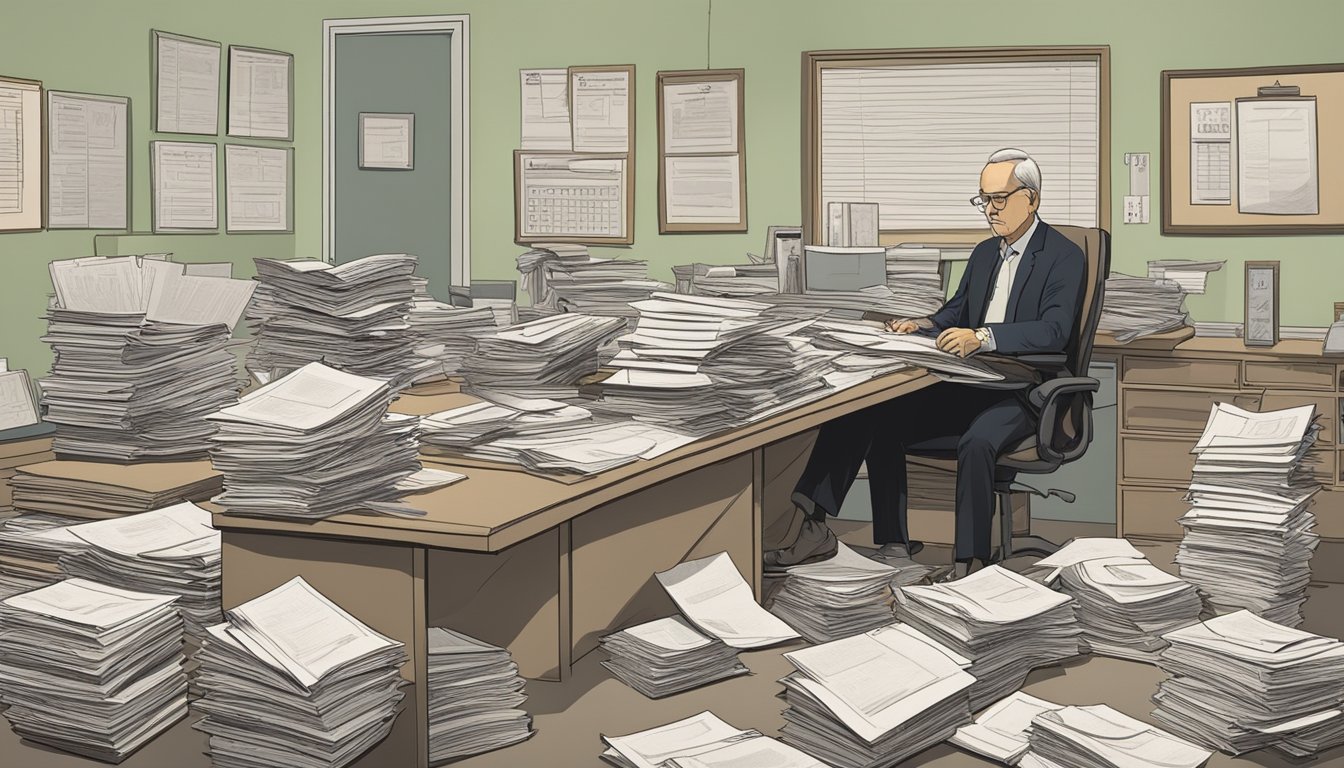 A lone figure sits at a cluttered desk, surrounded by paperwork and legal documents. A stack of bills and financial statements are spread out, while a calendar with the date of the funeral is visible on the wall