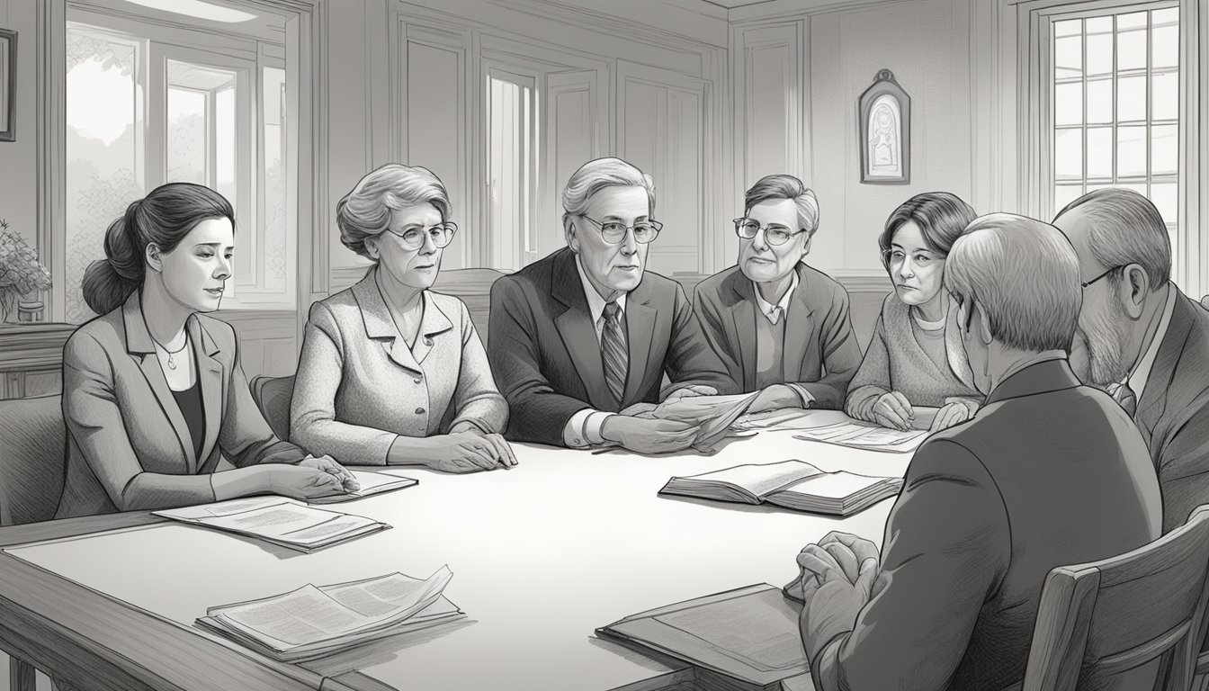 A family gathered around a table, discussing legal documents and final wishes. Tension is evident as they navigate conflicting opinions in funeral planning