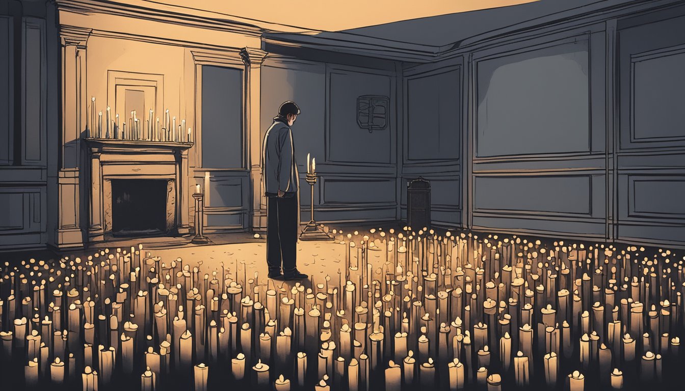 A lone figure stands in a dimly lit room, surrounded by flickering candles and wilted flowers. The empty space echoes with the lingering silence of departed well-wishers