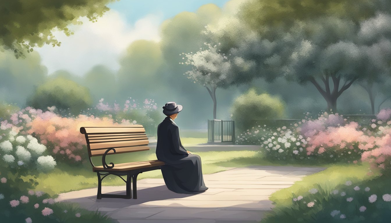 A solitary figure sits on a bench in a quiet garden, surrounded by fading flowers and a gentle breeze, contemplating the empty space left by departing well-wishers after a funeral