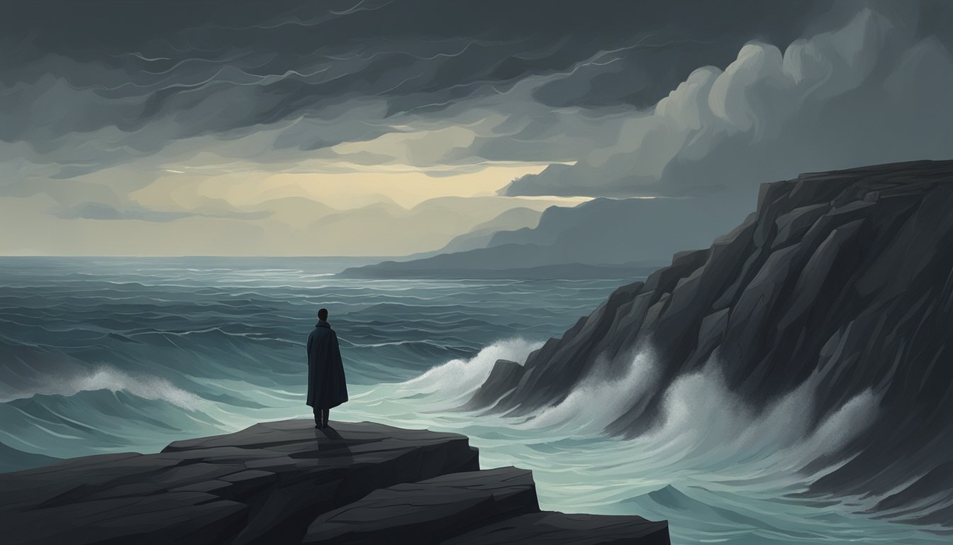 A solitary figure stands at the edge of a cliff, overlooking a vast and turbulent sea. The sky is dark and stormy, reflecting the inner turmoil of the figure as they come to terms with unexpected emotions