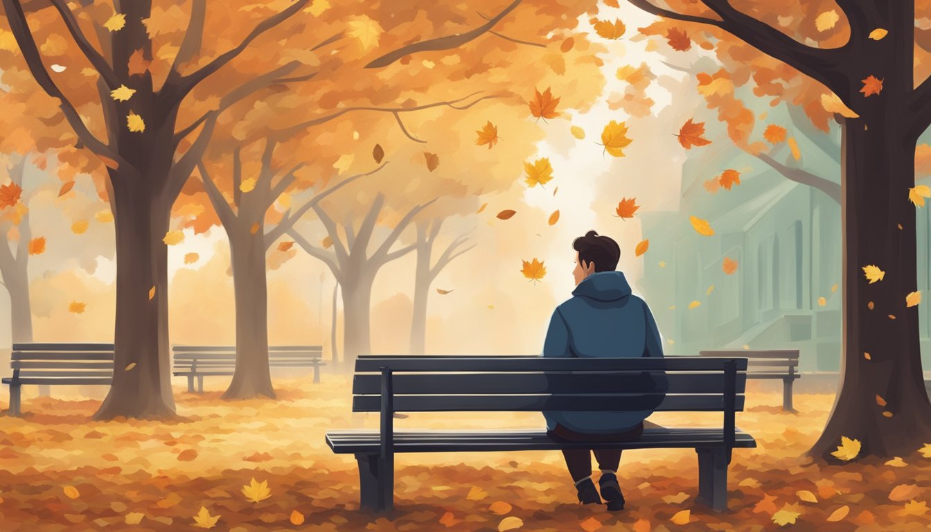 A person sitting alone on a park bench, surrounded by falling autumn leaves and a somber atmosphere, gazing into the distance with a pensive expression