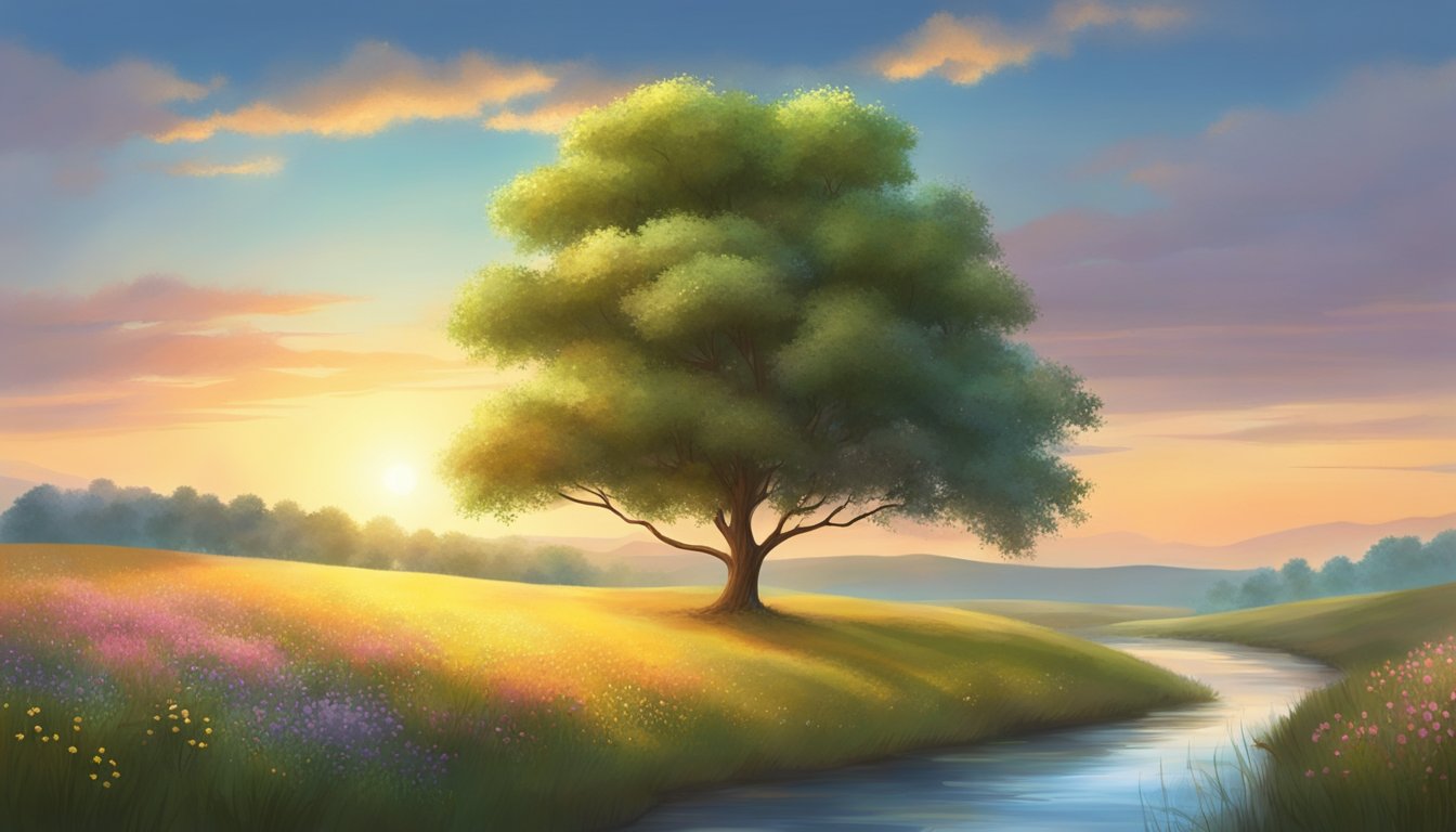 A solitary tree stands in a gentle breeze, surrounded by a field of wildflowers. A small stream flows nearby, reflecting the soft light of the setting sun